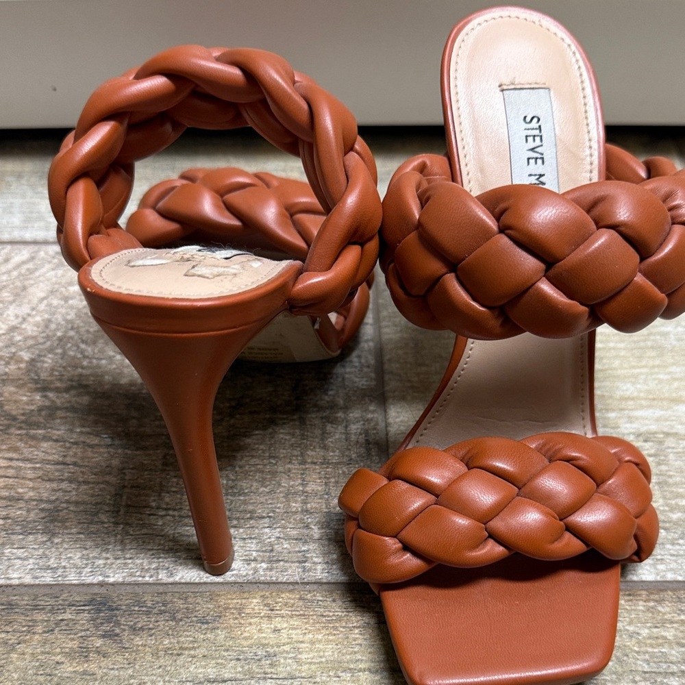 Steve Madden Braided Heeled Sandals — Cognac Brown, Size 7